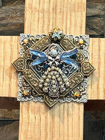 Quarter Sawn Oak 11" Wall or Table Cross Jeweled - "Guardian Angel Love"