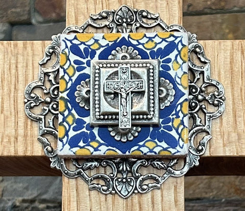 Quarter Sawn Oak 11" Wall or Table Cross Jeweled Tile -"Floral Journey"