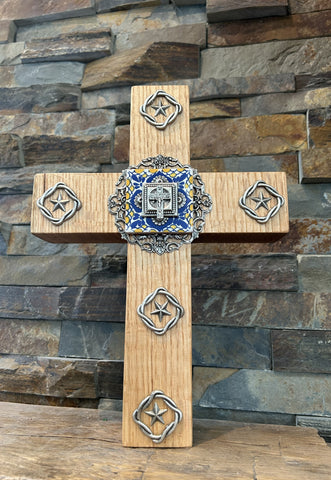 Quarter Sawn Oak 11" Wall or Table Cross Jeweled Tile -"Floral Journey"