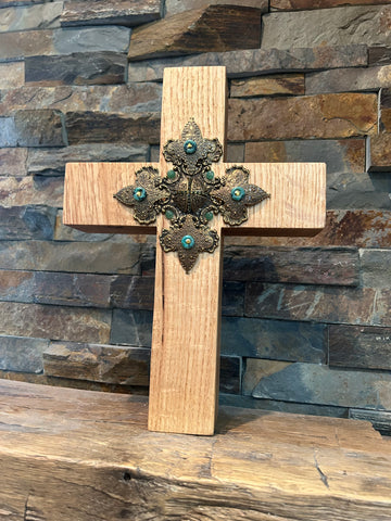 Quarter Sawn Oak 11" Wall or Table Cross Jeweled -"Beauty in French Iris"