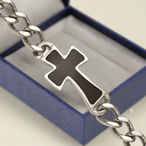 Stainless Steel Polished Black Carbon Fiber Inlay Cross 8.5in Bracelet