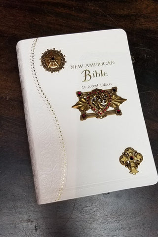 NAB Red Heart Catholic Jeweled Bible-White