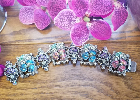 Enamel Pansies Retro Bracelet- Hidden Box and Insert Clasp
