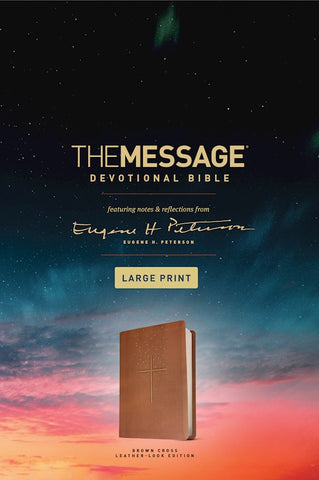 The Message/Large Print Devotional Bible-Brown Cross Leather Look
