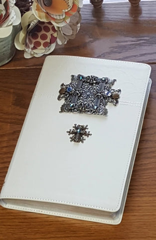 NIV Jeweled Baby White Keepsake Bible-Blue stones on Frame and Cross