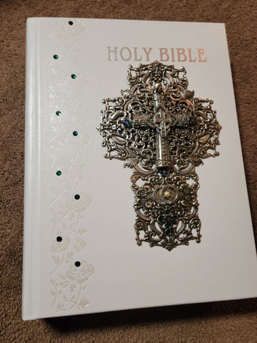 NABre Jeweled Catholic Wedding Bible-White with Blue/green stones