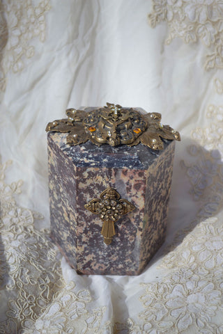 Tall Hexagon Beveled Soapstone Box with Natures Symbols of Faith