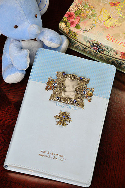 NIV Jeweled Baby White Keepsake Bible-Blue stones on Frame and Cross