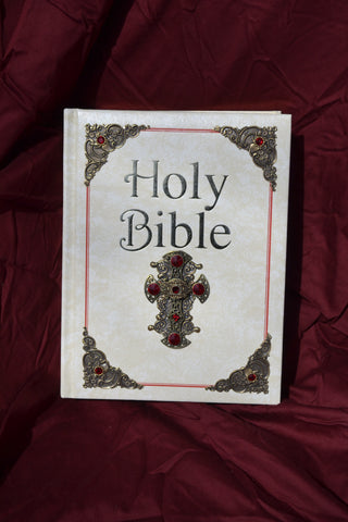 NCV Catholic Family Bible-St Joseph Large Print Ivory with Brass Stampings and Red Stones