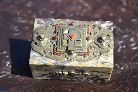 Red and Carnelian Stone Brass Cross Box