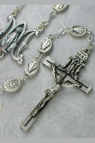 Matteo Antique Silver Bead INRI Rosary featuring Miraculous Medal