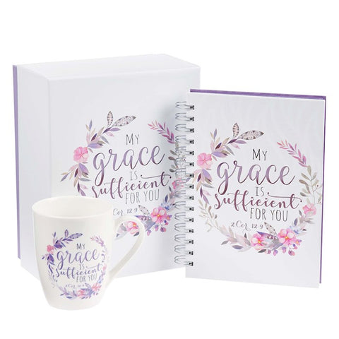 Boxed Gift Set-Journal & Mug-My Grace is Sufficient Purple Floral