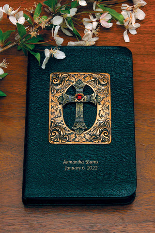 Antiqued Brass and Red Stone Cross Leather Bible Compact Edition-Choice of NKJV or KJV~