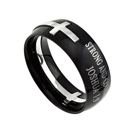 Square Double Cross Black Ring "Strong And Courageous"