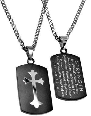 Black Shield Cross Necklace Strength Isaiah 40:31 with  24" Upgrade Chain