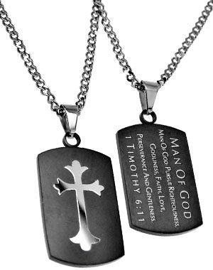 Black Shield Cross Necklace Man of God 1 Tim 6:11 with 20" Upgrade Chain