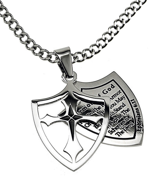 2 Piece Shield Cross Necklace "Armor Of God" Full Verse with Upgrade Chain