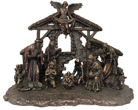 Nativity, 11 Pieces & Stable Cold-Cast Bronze