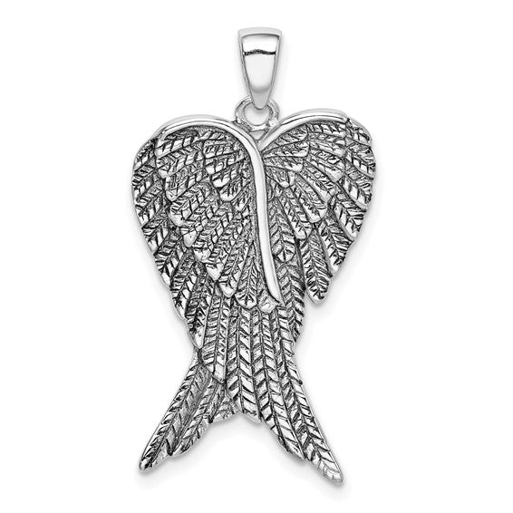 Sterling Silver Rhodium-plated Antiqued Angel Wing Pendant