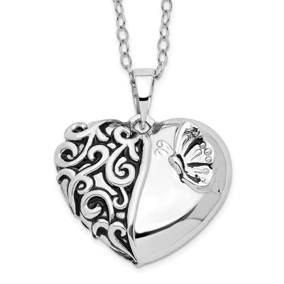 Sterling Silver Rhodium-plated Antiqued One More Day Heart Shape with Butterfly Ash Holder 18 Inch Necklace