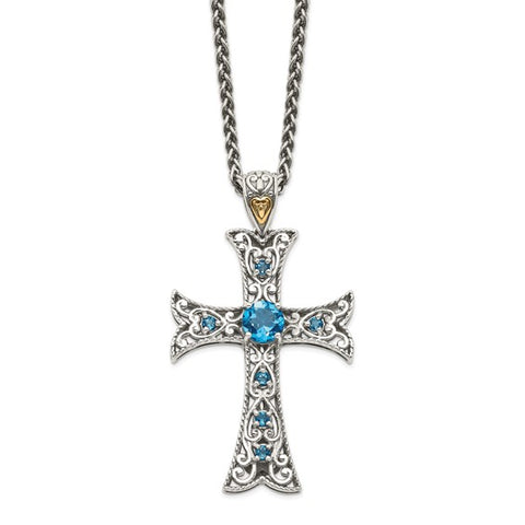Sterling Silver with 14k London Blue Topaz Cross Necklace