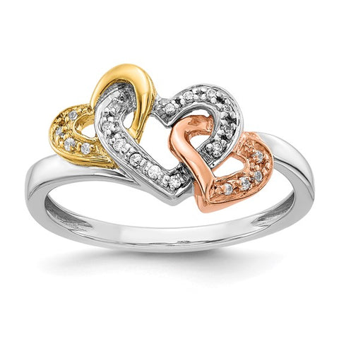 14k Tri-color Diamond Triple Heart Ring