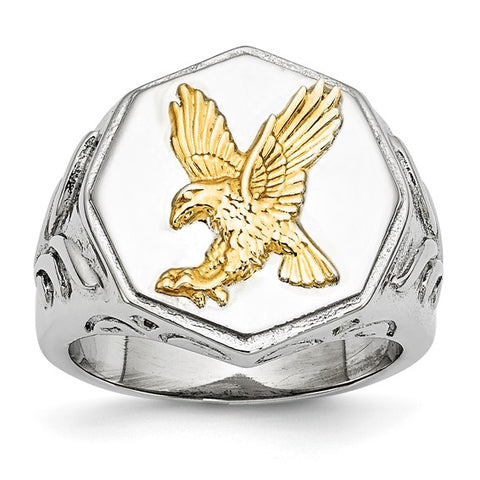 Stainless Steel Polished Yellow IP-plated with Sterling Silver Eagle Ring (size 10)
