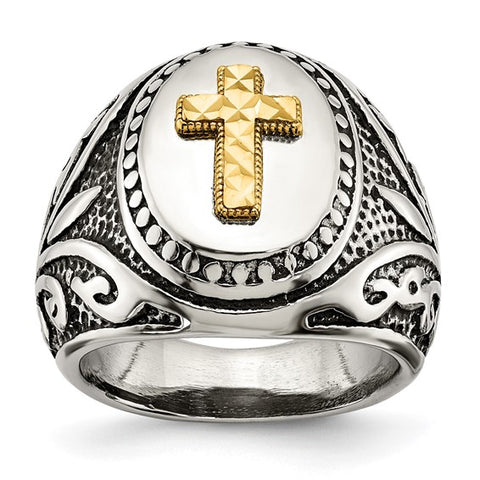 Stainless Steel with 14k Accent Antiqued and Polished Cross Ring