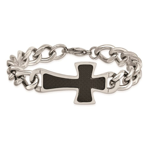 Stainless Steel Polished Black Carbon Fiber Inlay Cross 8.5in Bracelet