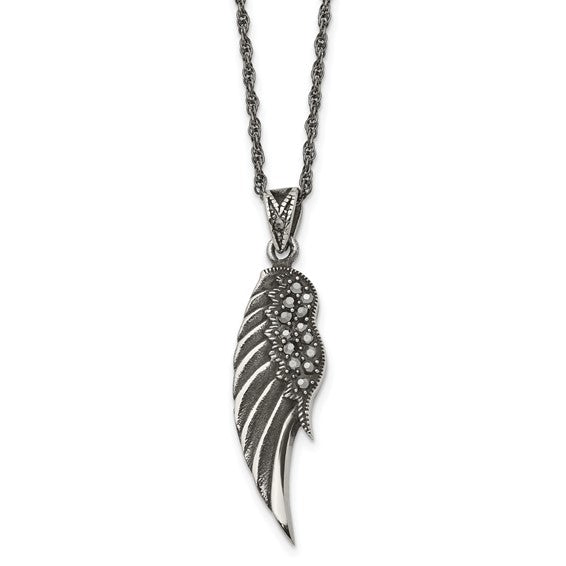 Stainless Steel Antiqued and Polished with Marcasite Wing 20in Necklace