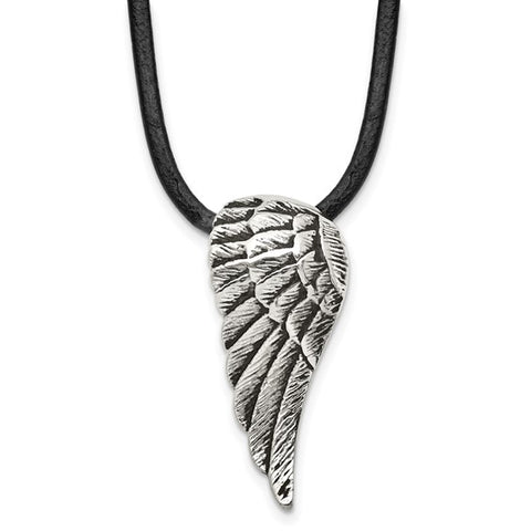 Stainless Steel Antiqued and Polished Wing with 20in Leather Cord Necklace