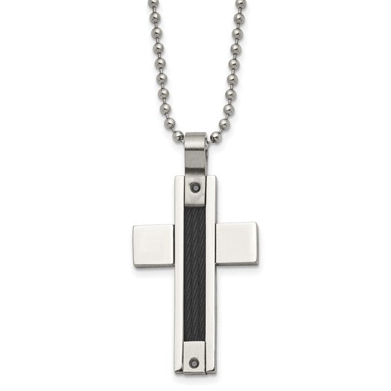 Stainless Steel Polished Black IP-plated Cable 1/20 carat Black Diamond Cross Pendant oa 24 inch Ball Chain Necklace