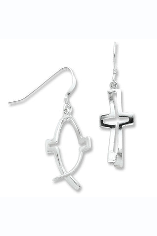 Sterling Silver Cross Ichthus Fish Dangle Earrings