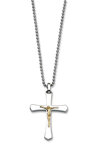 Two-Tone Steel and 14K Crucifix Cross Necklace - Linear