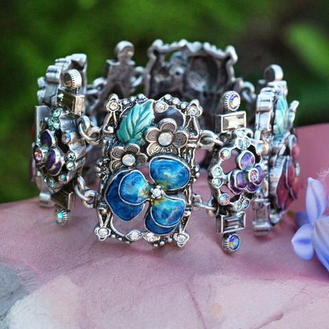 Enamel Pansies Retro Bracelet- Hidden Box and Insert Clasp