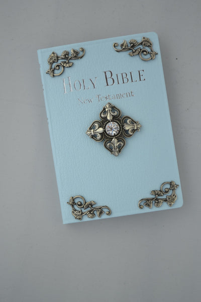 Tiny Baby Bible New Testament Fluer De Lis French Cross-White, Blue, Pink-NIV