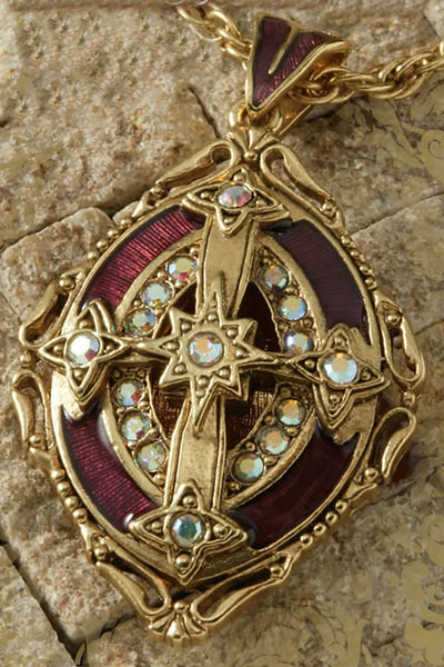Cross Locket-14K Gold-Dipped Crystal with Red Enamel Necklace