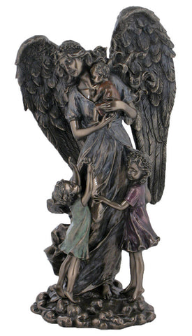 Guardian Angel with 3 children, lightly hand-painted, cold cast bronze, 11"