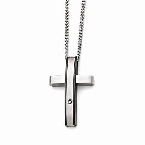 Stainless Steel Polished/Black IP-plated 1pt. Diamond Cross Necklace