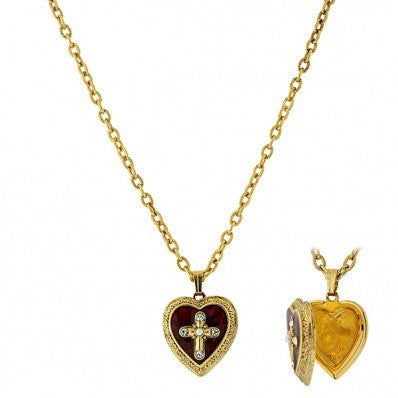 Cross of Glory Heart Locket Necklace-14K Gold-Dipped Red Enamel
