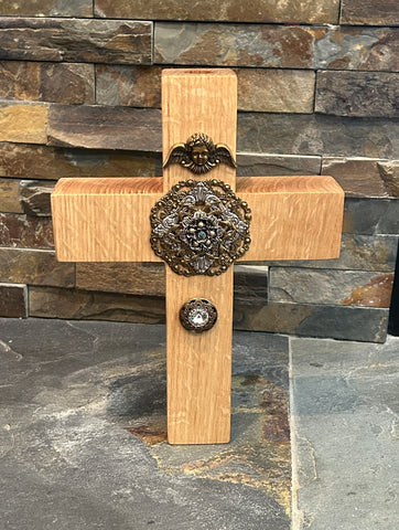 Quarter Sawn Oak Wall or Table Cross Jeweled Watching Over You