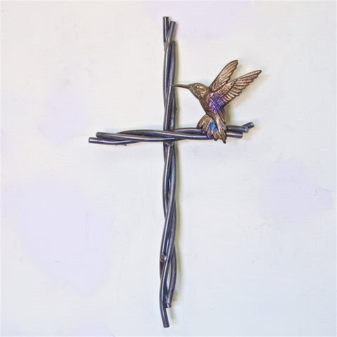 Cross and Bird -  Metal Hummingbird and the Vine