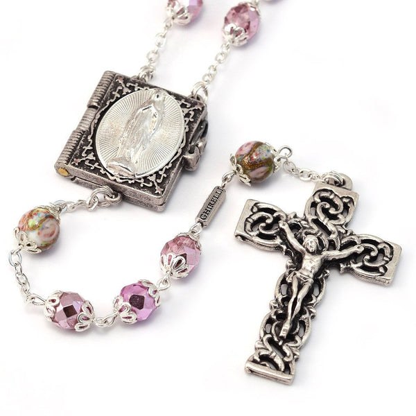 Lourdes Bohemian Faceted Glass Bead Rosary with Mysteries Book Centerpiece