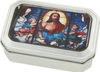 SILVER-TONE MULTI-COLOR STAINED GLASS DECAL TIN ROSARY BOX