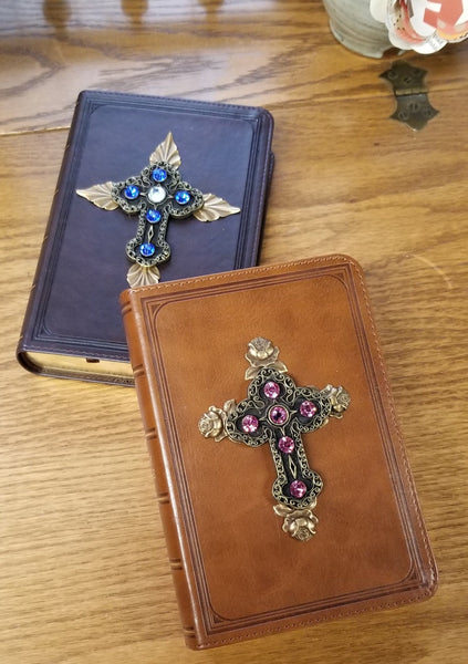 KJV Brown with Blue with Leaves Jeweled Compact Bible (pictured on left)