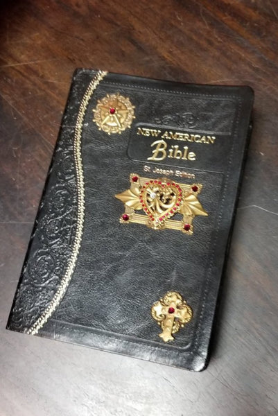 NAB Red Heart Catholic Jeweled Bible-Black
