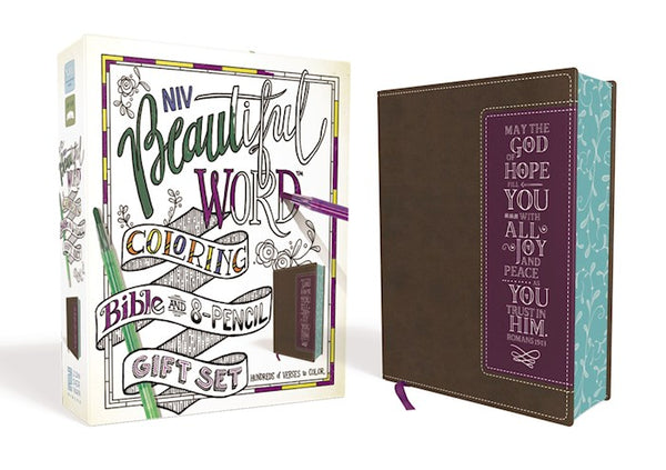 NIV Beautiful Word Coloring Bible And 8-Pencil Gift Set-Brown/Purple Leathersoft Hundreds Of Verses To Color