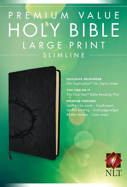 NLT Premium Value Large Print Slimline Bible-Black Crown of Thorns LeatherLike