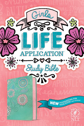 NLT Girls Life Application Study Bible-Teal/Pink Flowers LeatherLike