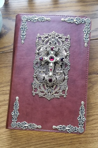 NKJV Large Print Ruby Crystals Decorated Cross Bible - Brown